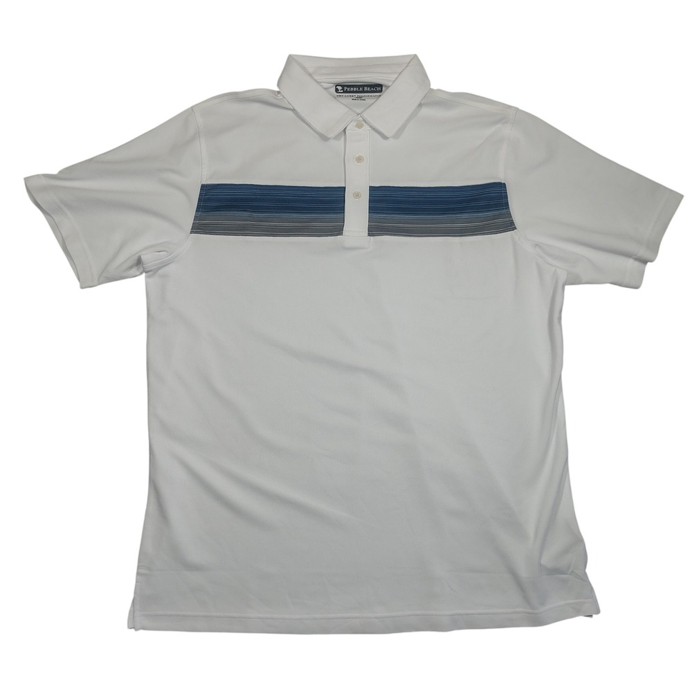 Pebble Beach Polo Shirt Mens XL White Striped Performance Polyester Short Sleeve
